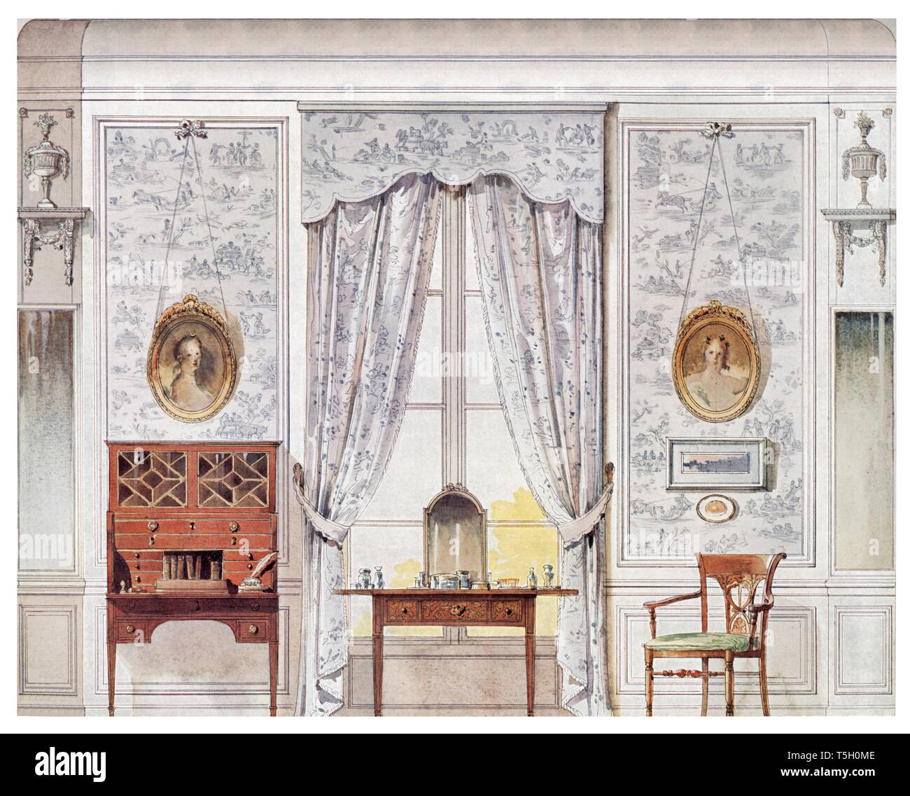 Bedroom painted in blue motifs, other view. Vintage illustration by Style Interiors 1905 Stock Photo