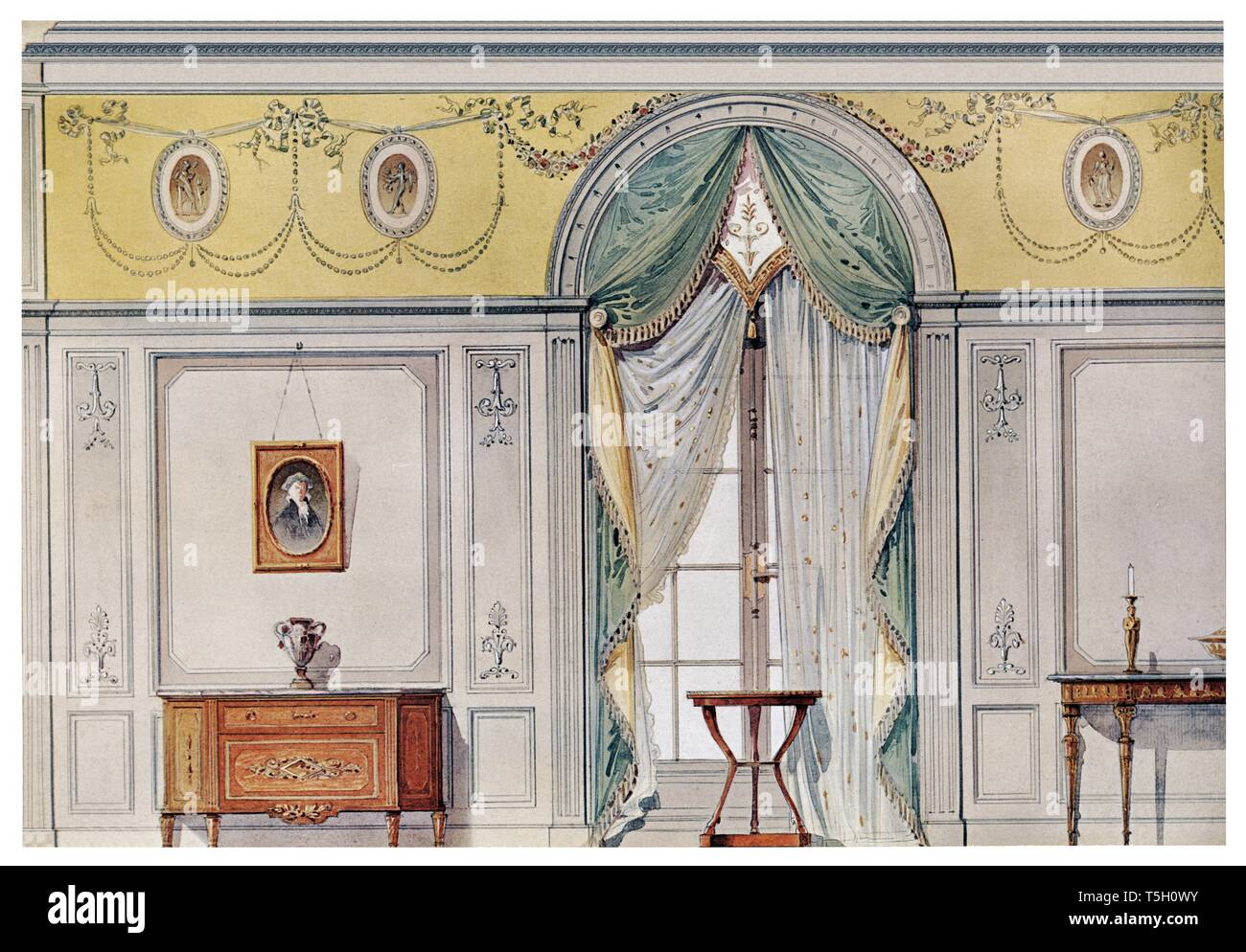 Bedroom Detail Of Window And Draperies Vintage Illustration By