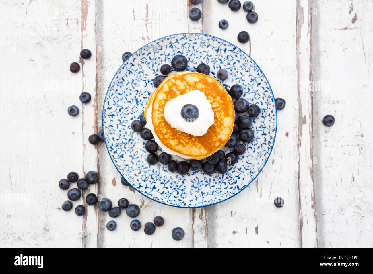 Pancakes with blueberries and greek yogurt, with almond flour, ketogenic diet Stock Photo