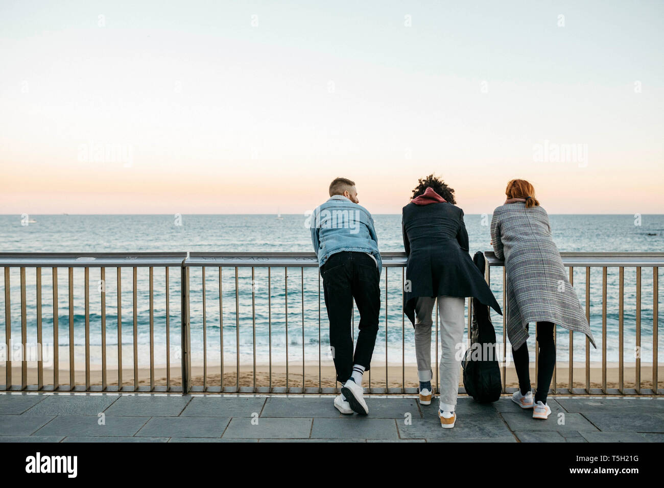 Rear view of three friends standing at the sea Stock Photo