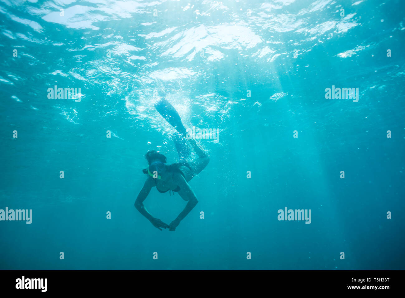 Woman with fins and snorkel diving under water Stock Photo