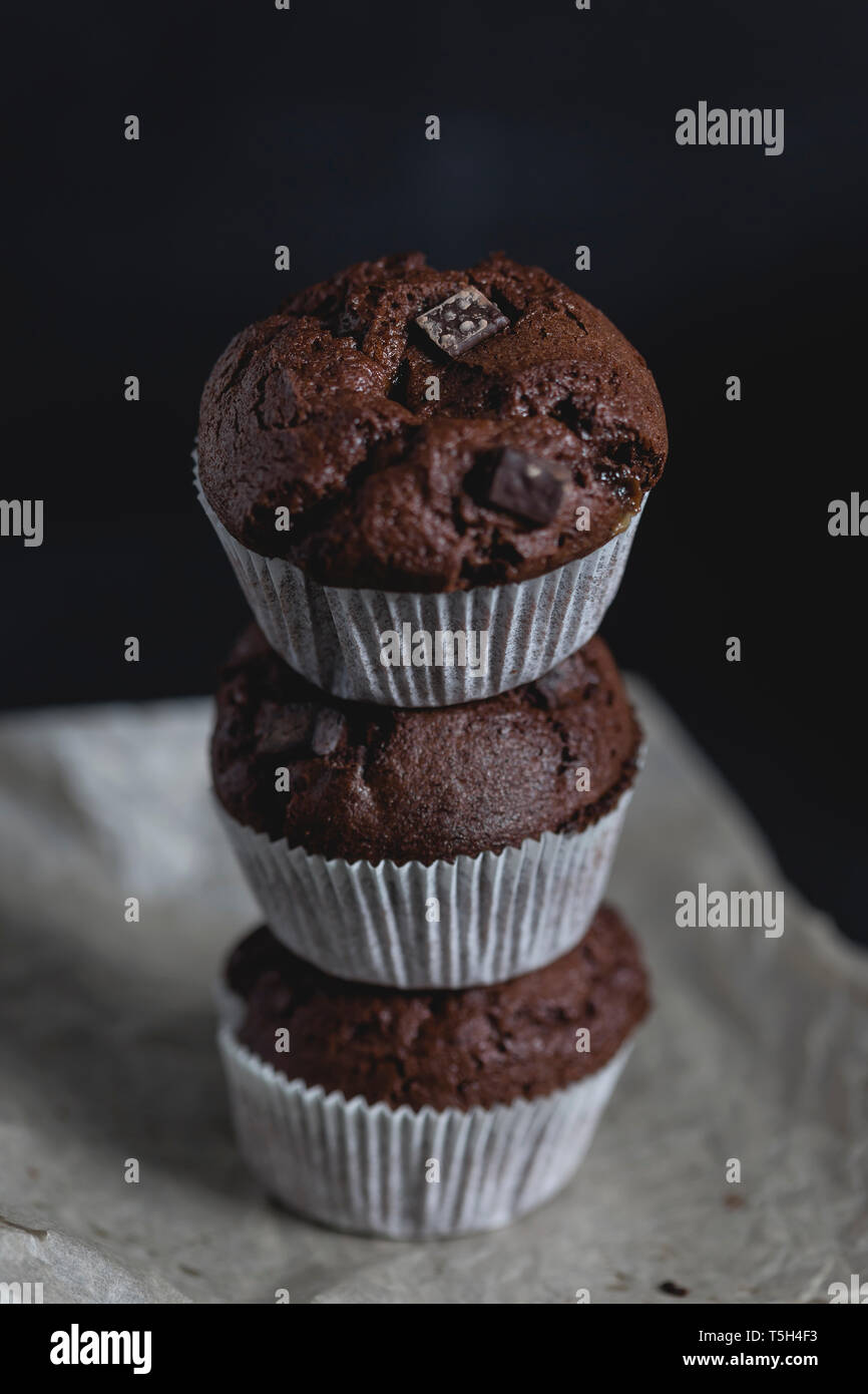 Chocolate muffins, stacked Stock Photo