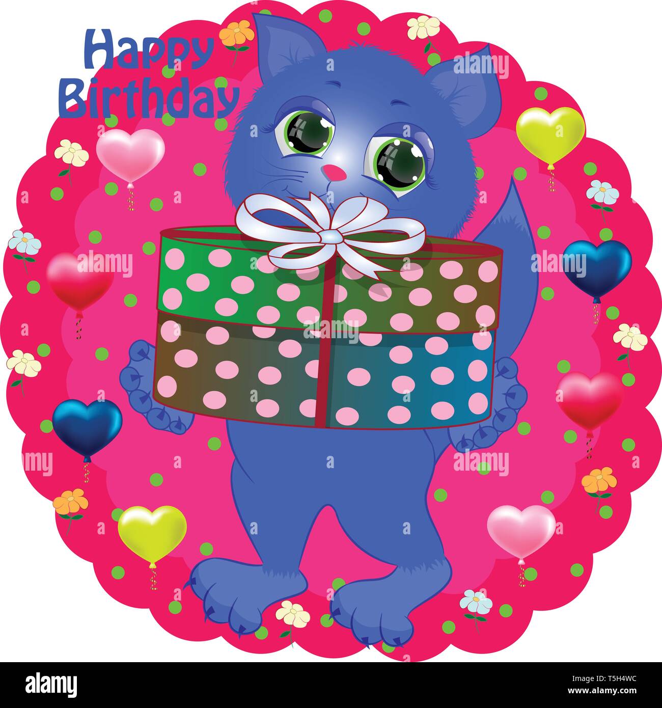 birthday greeting card with cat. cartoon cat vector illustration. Stock Vector