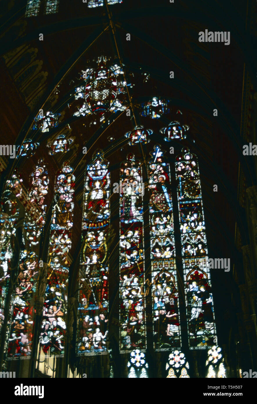Stain glass window reflection,St.John's Chapel,Cambridge,England Stock Photo