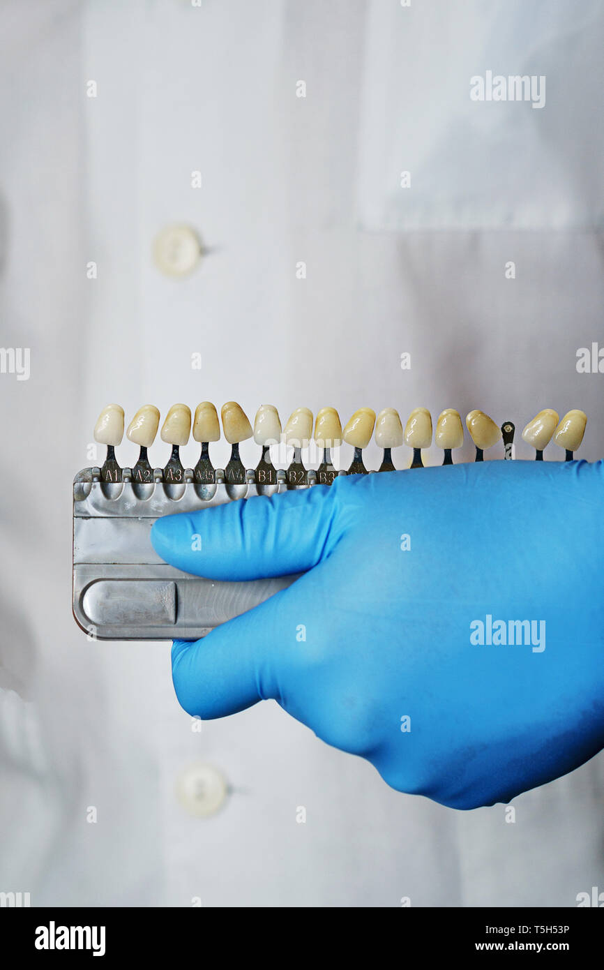 Dentist is holding comparative scale for teeth whitening and selection