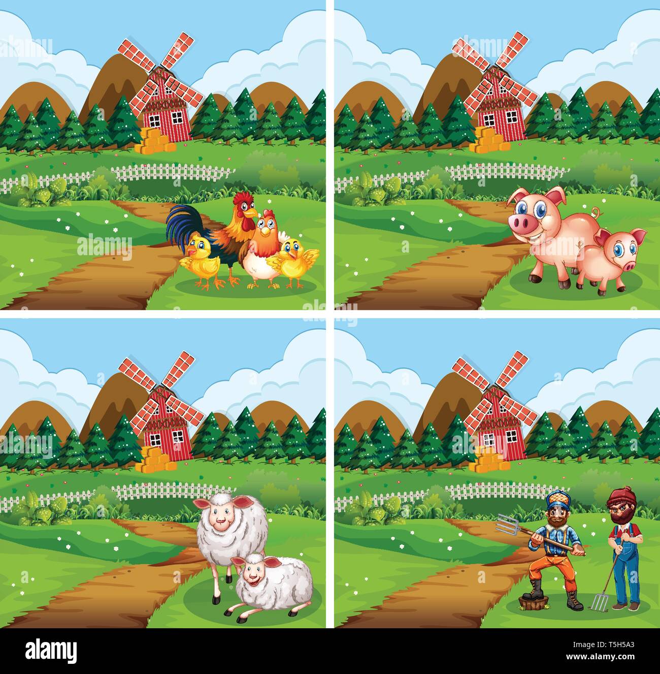 Set of farmland with animal and farmer illustration Stock Vector Image ...