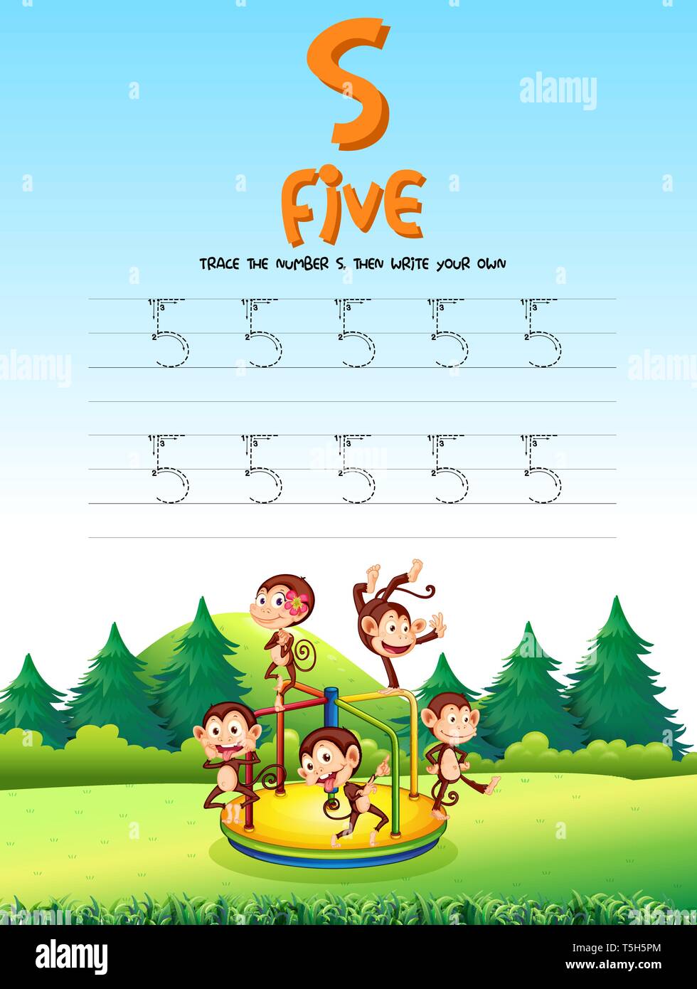 Number five tracing worksheets illustration Stock Vector