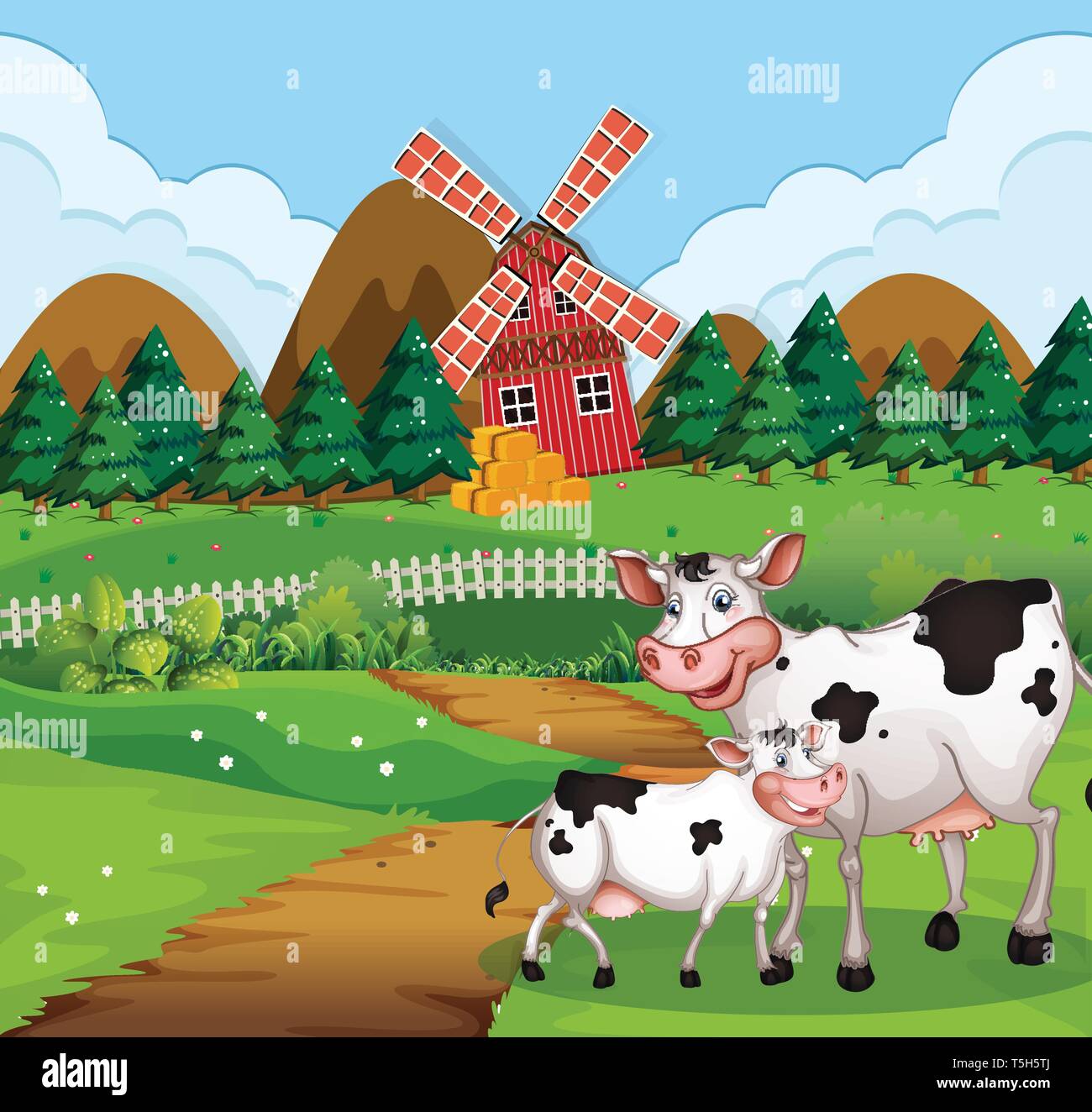Cow in farmland scene illustration Stock Vector Image & Art - Alamy
