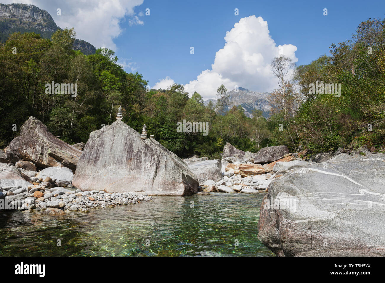 Switzerland, Ticino, Verzasca Valley, Verzasca river and mountain scenery Stock Photo