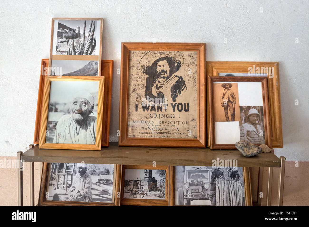 Old photos and Mexican revolution recruiting poster, San Javier, BCS, Mexico. Stock Photo