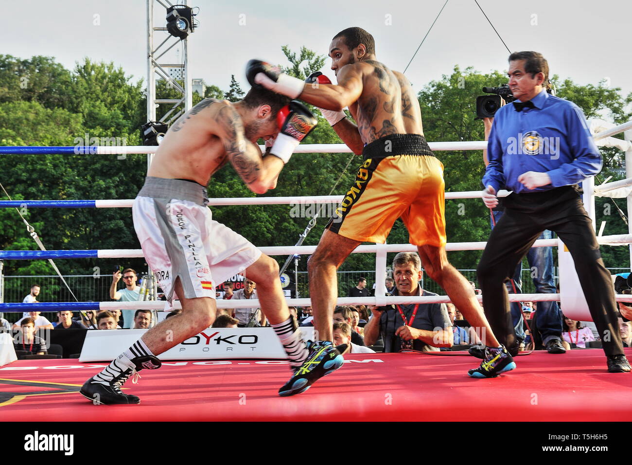 Afro-Ukrainian boxing prospect Timur Brykov (R) fights vs Jorge Pinilla in undercard of Artem Dalakian home WBA flyweight title defence June2018,Kiev Stock Photo
