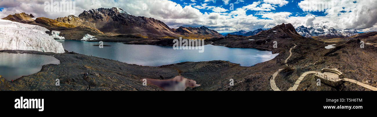 Panoramic Drone shot of Pastururi  glacier in Peru, Andes mountain in Peru, Must visit places in Peru,huaraz, Stock Photo