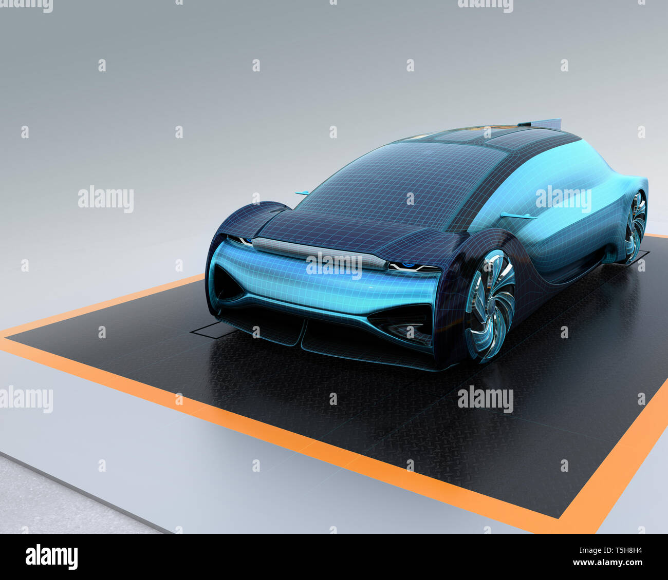 Wireframe rendering of autonomous electric car on black background. Digital Twin concept.  3D rendering image. Stock Photo