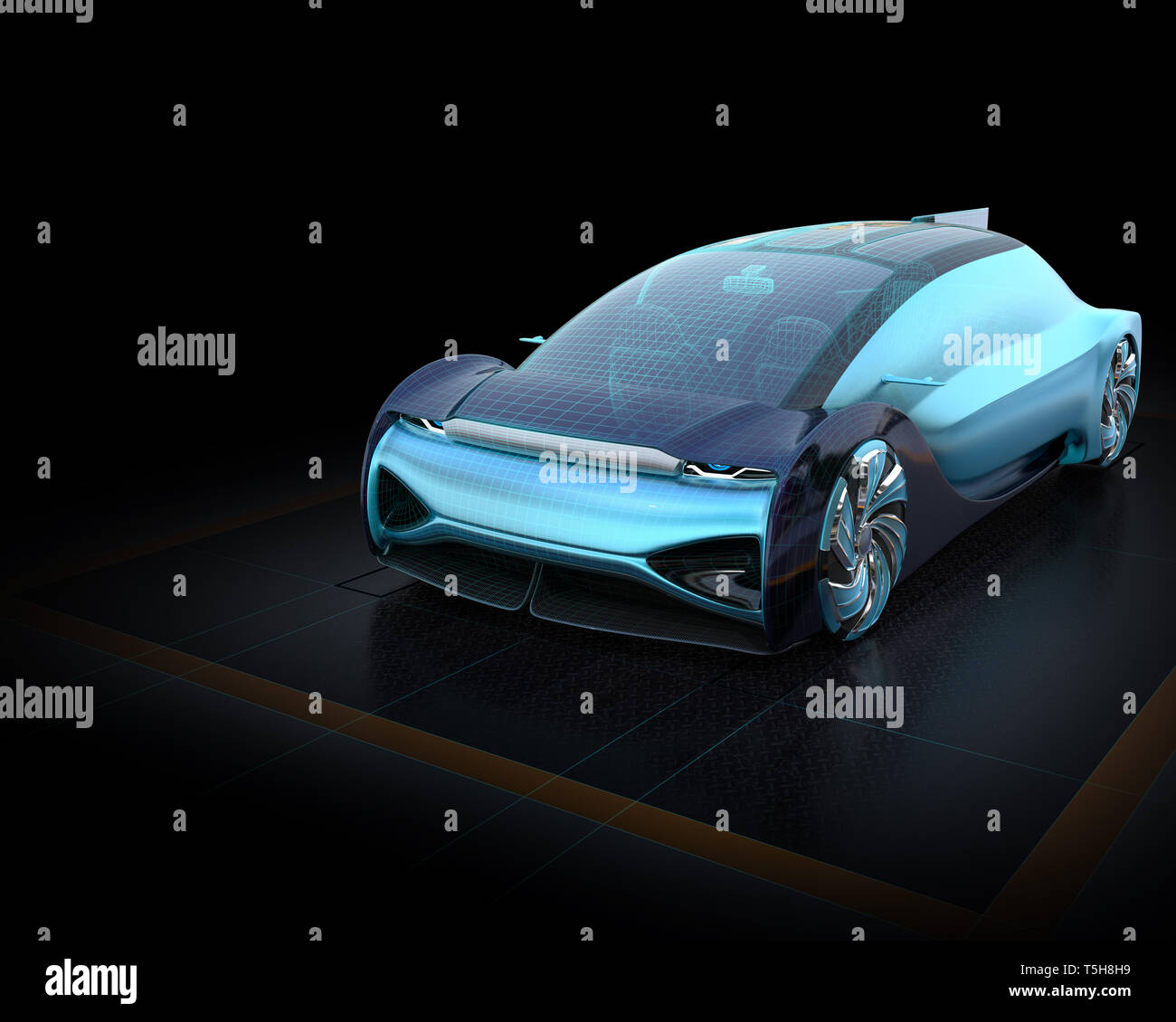 Wireframe rendering of electric car on dark background. 3D rendering image. Stock Photo
