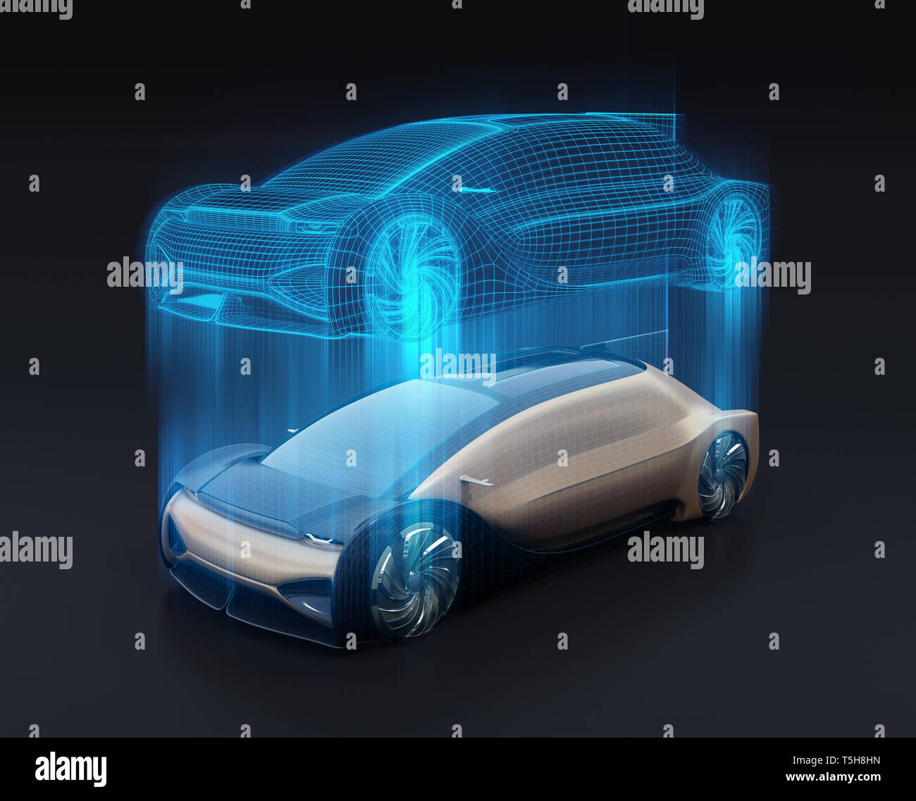 Autonomous electric car and wireframe rendering of the car body on