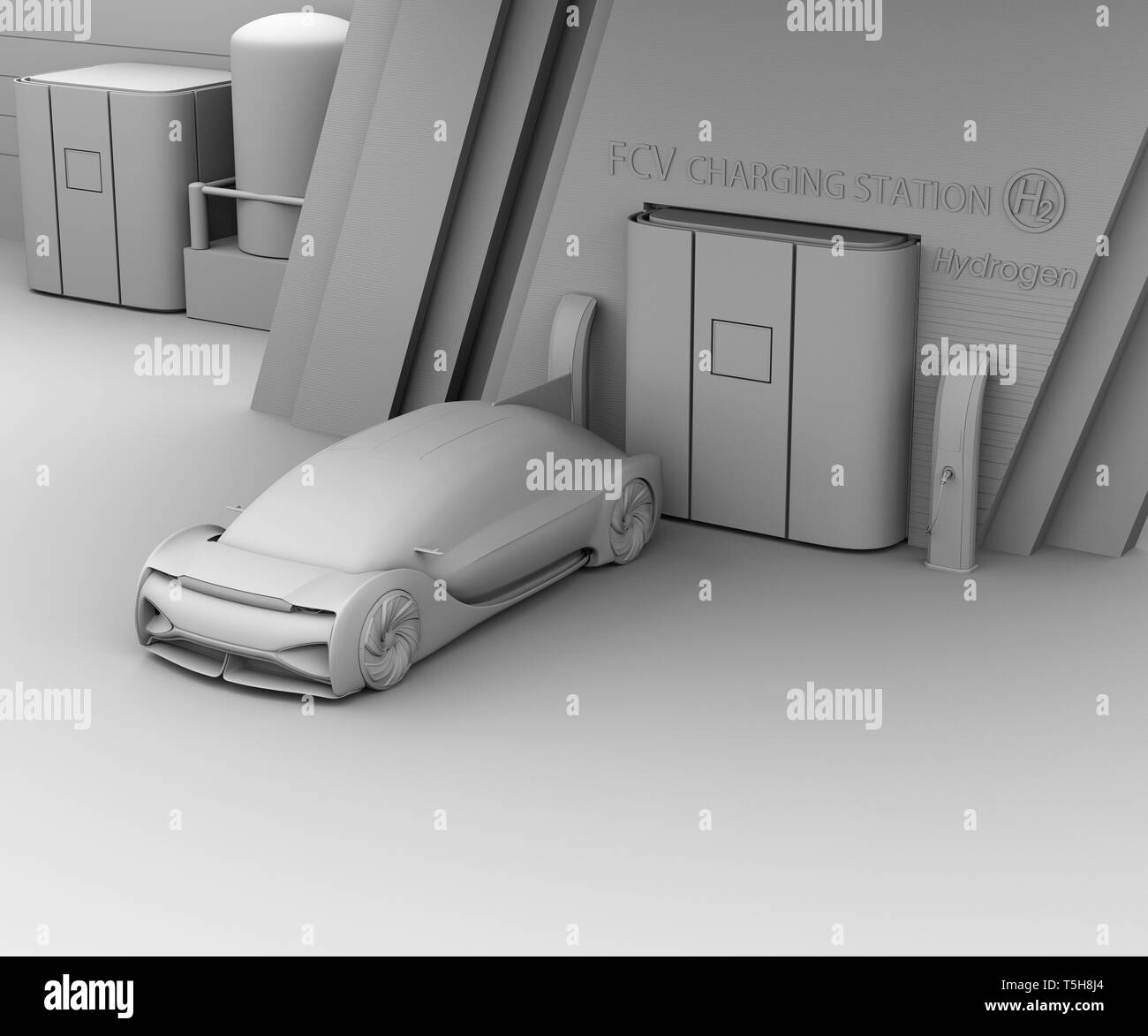 Clay rendering of Fuel Cell powered autonomous car filling gas in Fuel