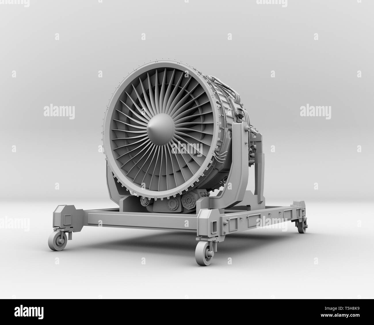 Clay rendering of turbojet engine on gray background. 3D rendering image. Stock Photo