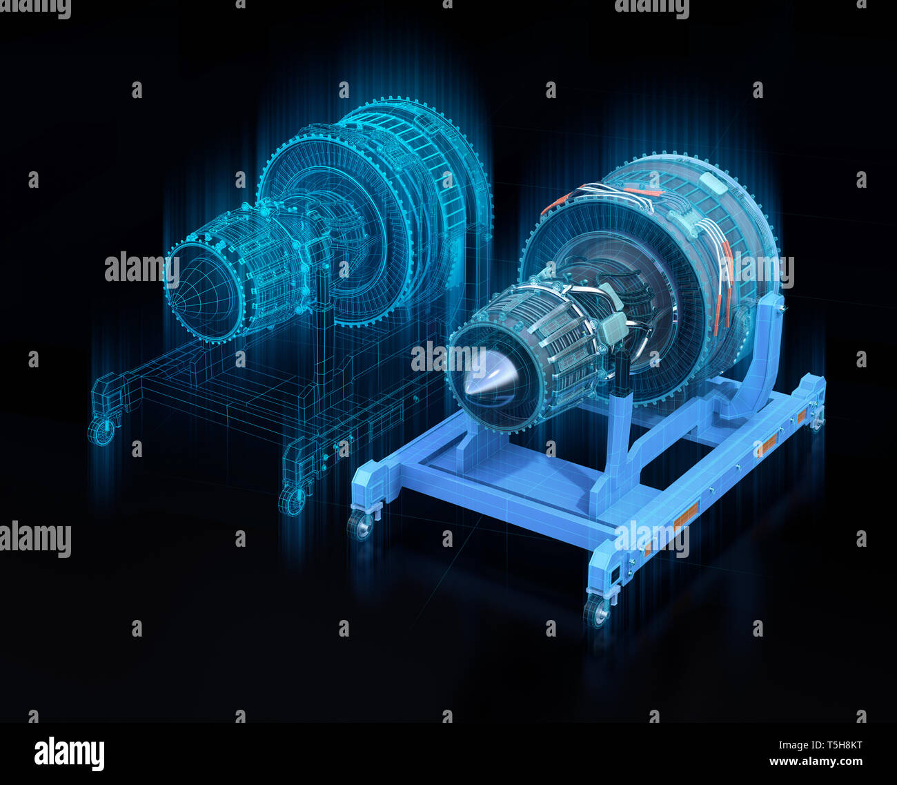 Wireframe rendering of turbojet engine and mirrored physical body on black background. Digital twin concept. 3D rendering image. Stock Photo
