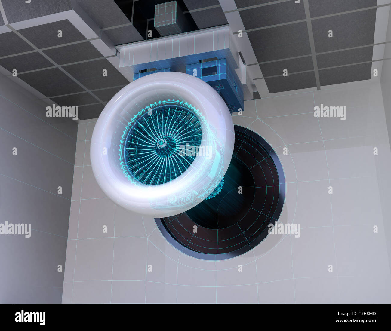 Wireframe rendering of aeroengine test cell. Digital twin concept. 3D rendering image. Stock Photo