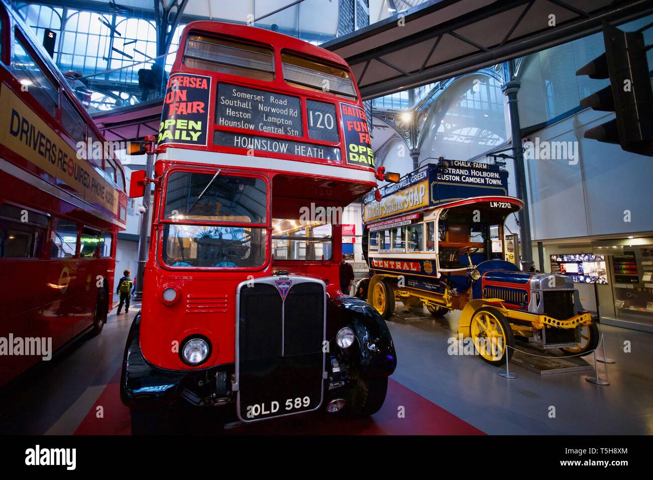 1950 AEC RT & 1908 Leyland X2, double decker London buses, London Transport Museum, London,  England Stock Photo