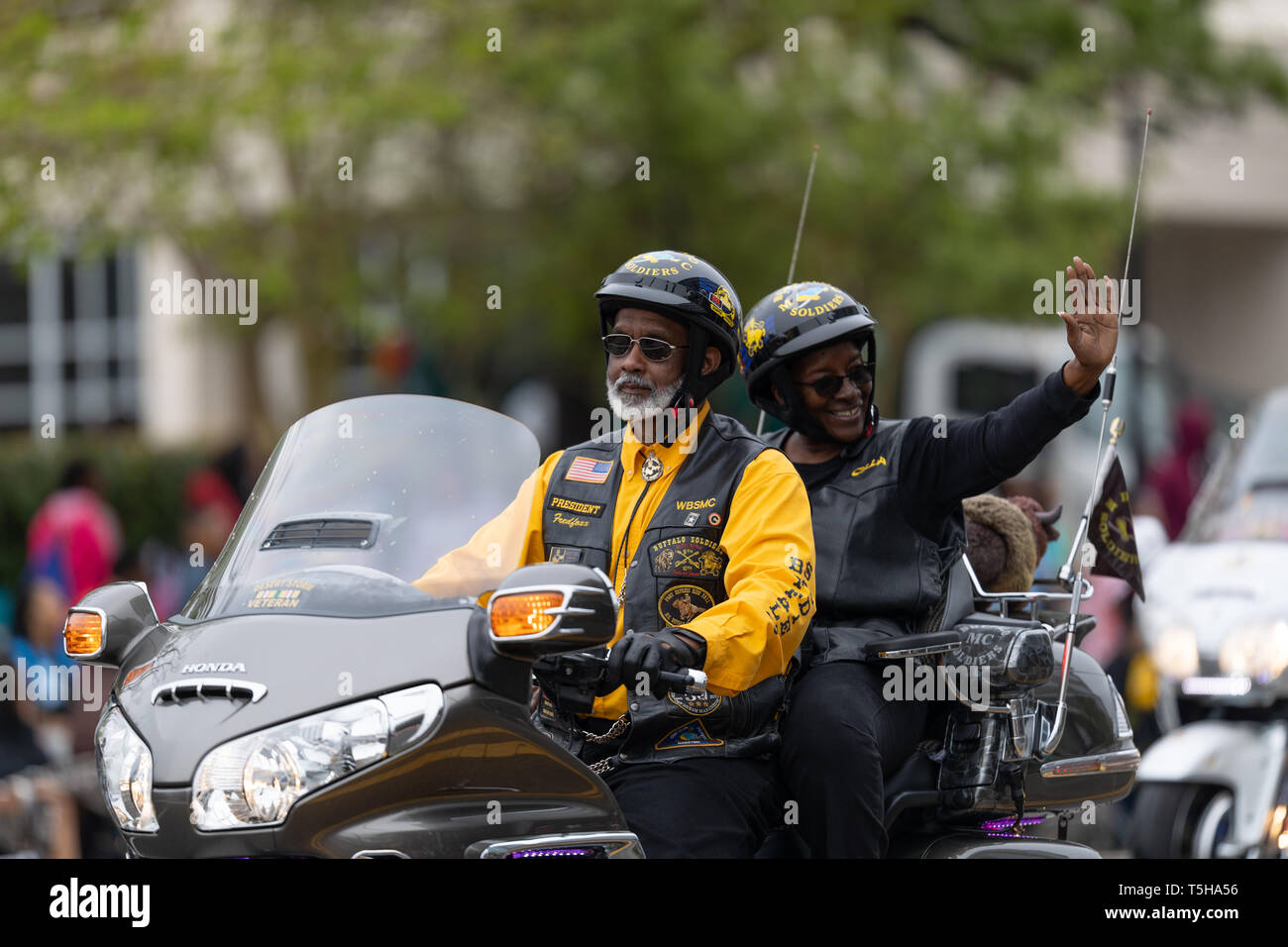 Wilmington, North Carolina, USA - April 6, 2019: The North Carolina Azalea Festival, United States Military Veteran riding motorcycles down 3rd street Stock Photo
