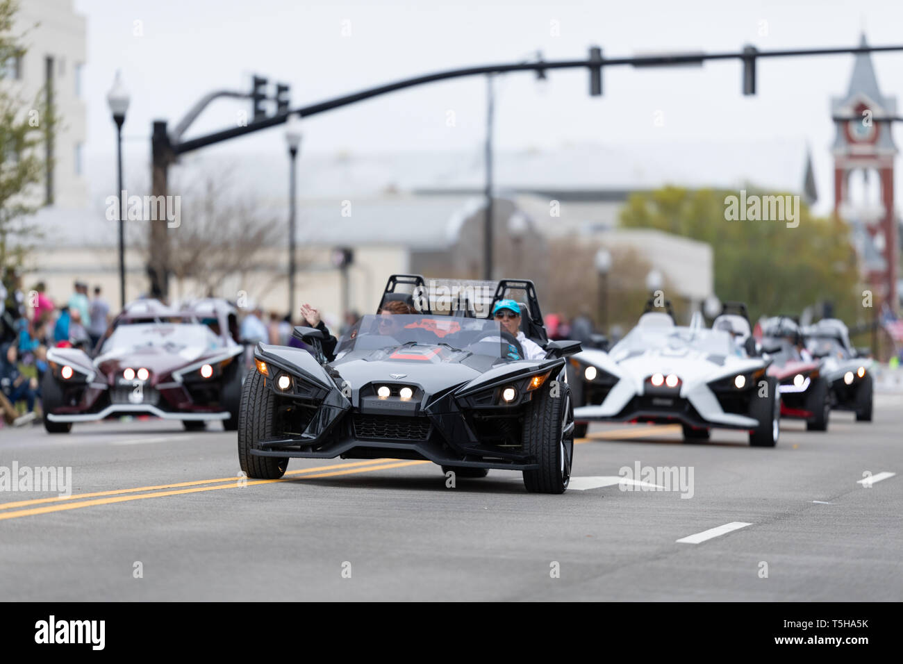 Wilmington, North Carolina, USA - April 6, 2019: The North Carolina Azalea Festival, Slingshot motorcycles being driven down 3rd street at the parade Stock Photo