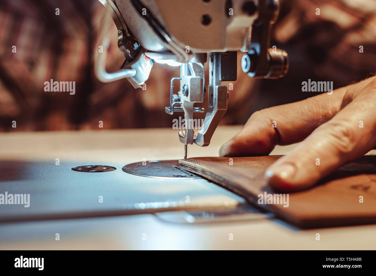 Sewing Process Of The Leather Belt Old Man S Hands Behind Sewing