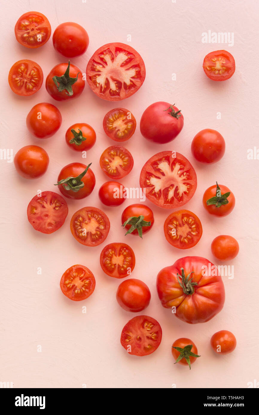 Various sized tomatoes on a pink background Stock Photo