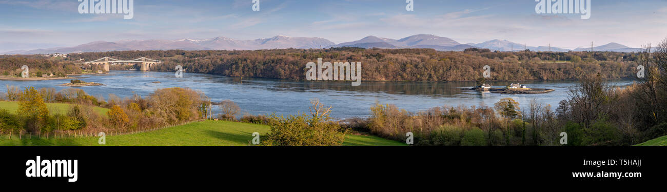 Panoramic view over the Menai Straits, Anglesey, North Wales Stock Photo