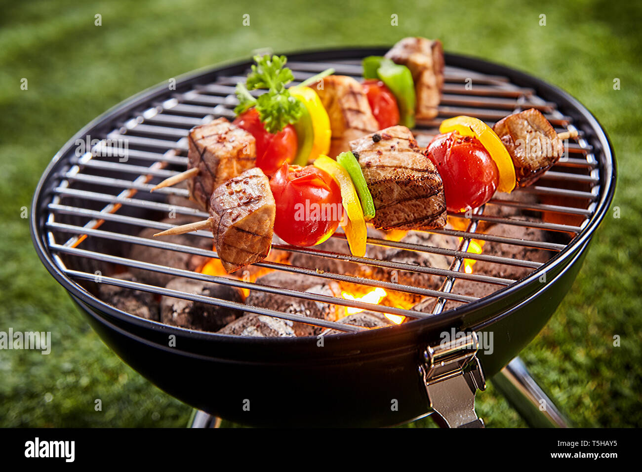 Assorted delicious grilled meat with vegetable on a barbecue grid grill.  Outdoors picnic close-up Stock Photo - Alamy