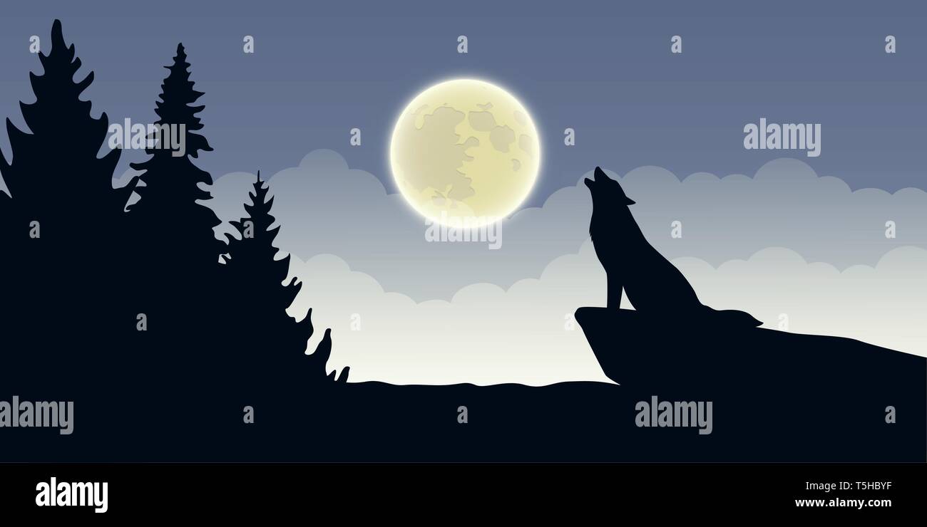 wolf howls at full moon blue mystic nature landscape vector illustration EPS10 Stock Vector