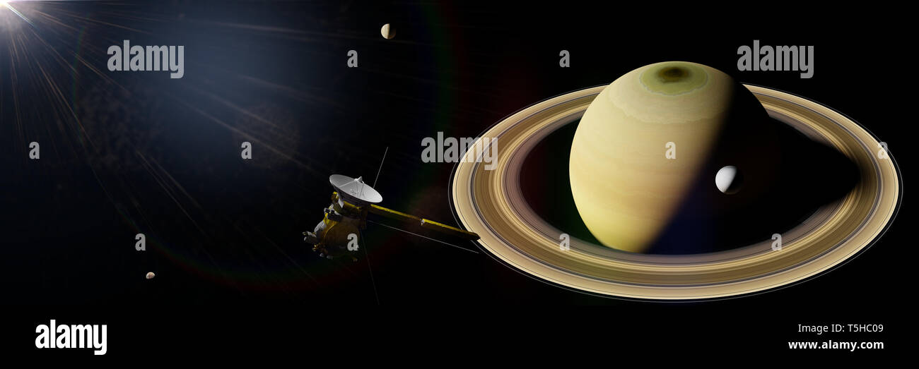 Saturn's moon Enceladus and spacecraft Cassini–Huygens in front of planet Saturn Stock Photo