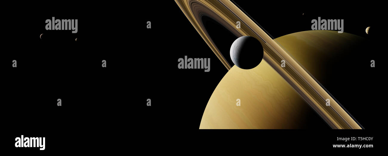 planet Saturn with moon Enceladus and other moons Stock Photo