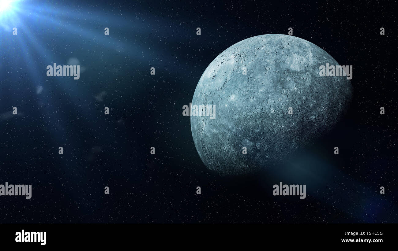 planet Mercury in the stars and lit by the Sun Stock Photo