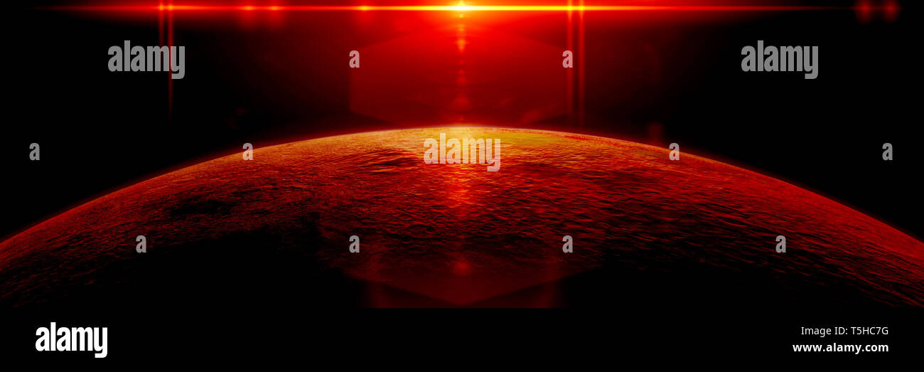 mysterious alien planet lit by a bright red star Stock Photo - Alamy