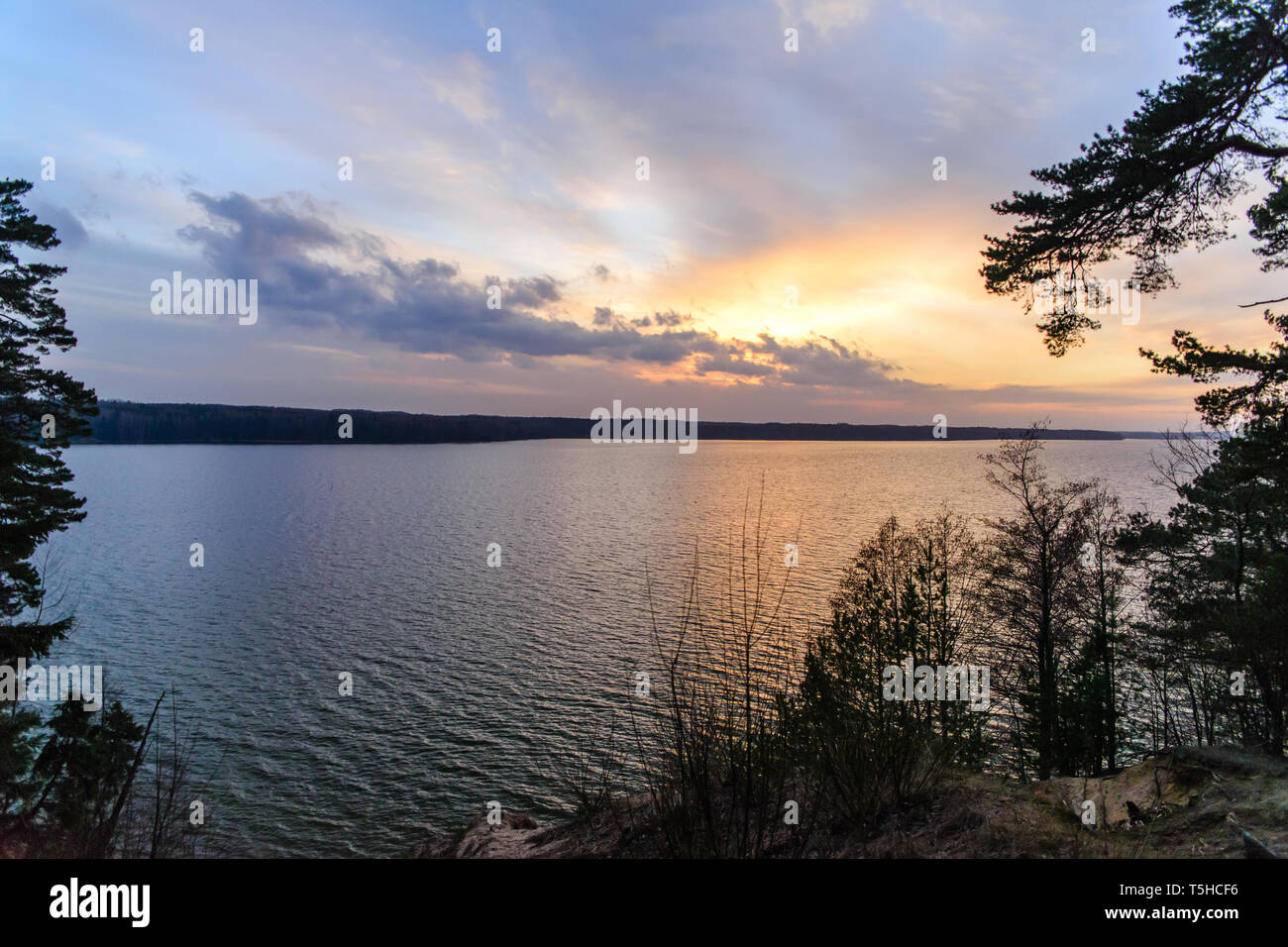 Beautiful sunset on Lake Vištytis, the lake is located on the border between Russia and Lithuania Stock Photo