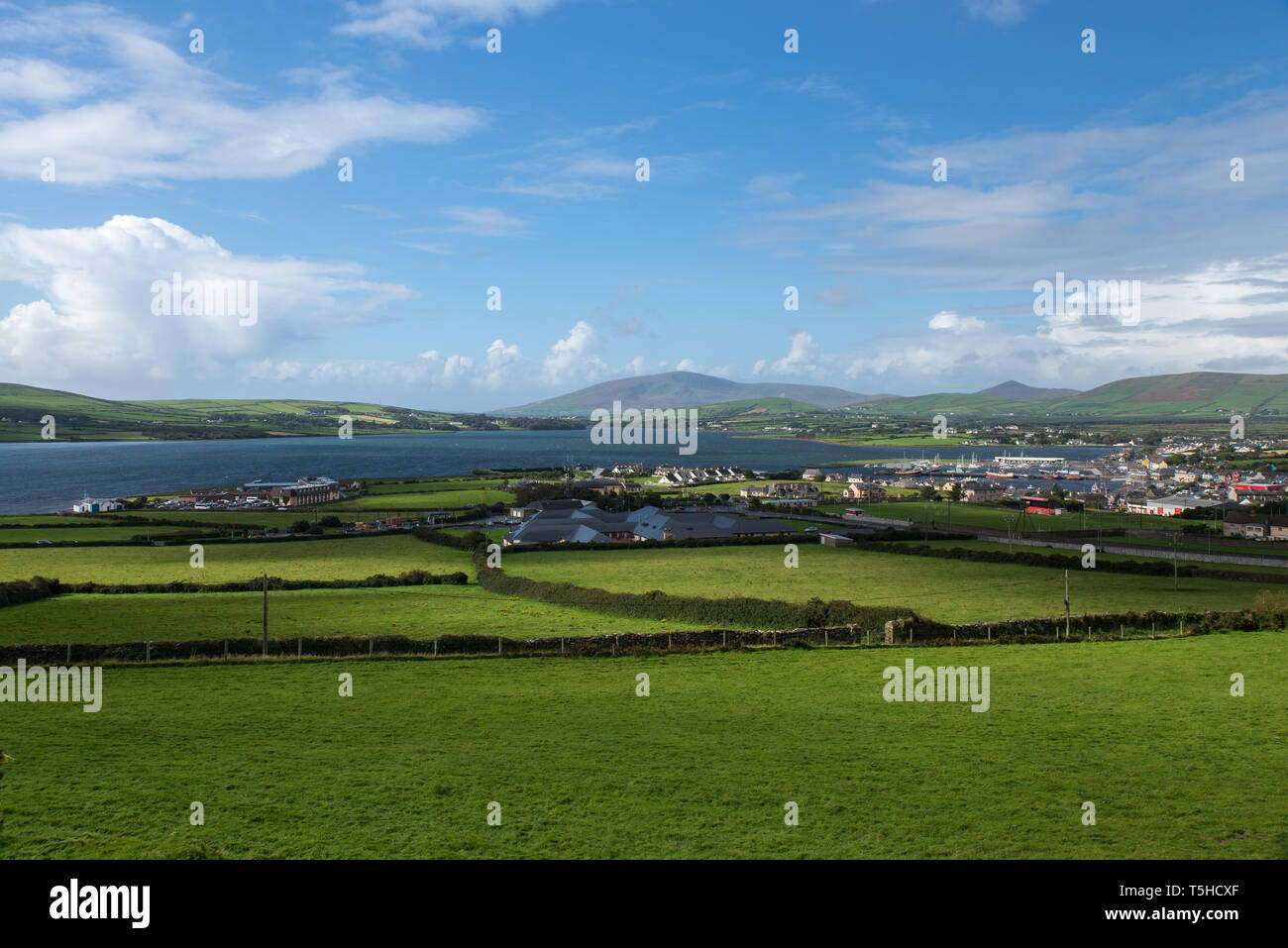 Dingle bay and the village of Dingle (a fishing harbour with 2,000 inhabitants) in West Kerry, Ireland. Stock Photo
