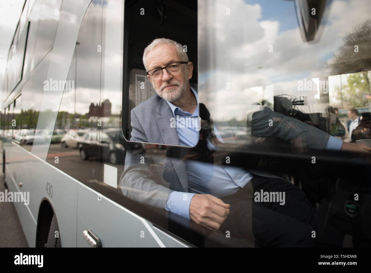 Labour leader Jeremy Corbyn has a look around an 'eco bus' during a visit to Nottingham, where the Labour council runs its own buses including a fleet of eco buses through Nottingham City Transport. Stock Photo