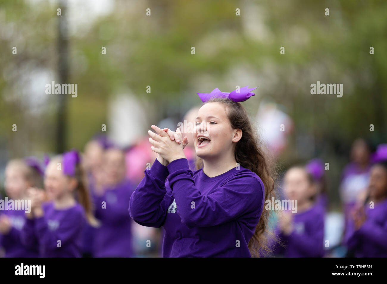 Wilmington, North Carolina, USA - April 6, 2019: The North Carolina Azalea Festival, Members of the Roger Baron Academy Charter School, dancing during Stock Photo