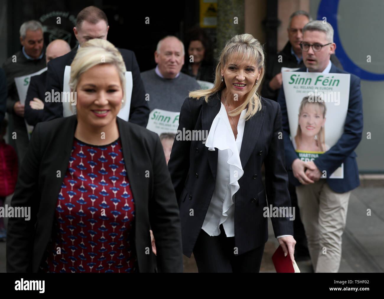 Sinn Fein's Martina Anderson (centre) leaving the Electoral Office for Northern Ireland after handing in her nomination papers to run in the European elections. Stock Photo