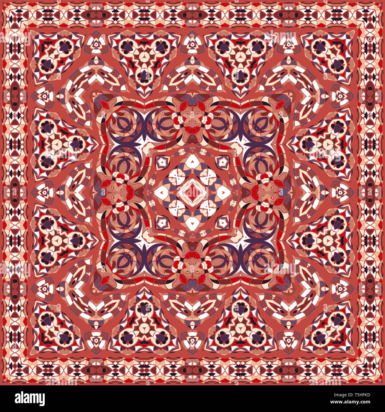 Ancient Arabic square pattern. Red Persian ornament for fabric design, interior decoration, textile scarf, carpet. Stock Vector
