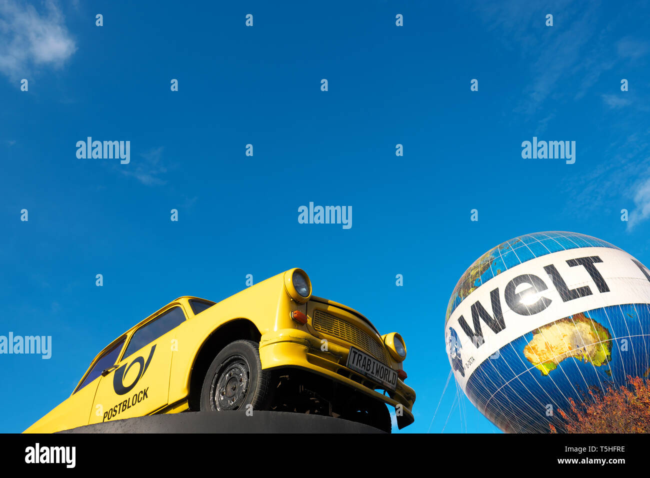 Berlin Germany - Trabant car outside the Trabi World tour centre in the Mitte district Stock Photo