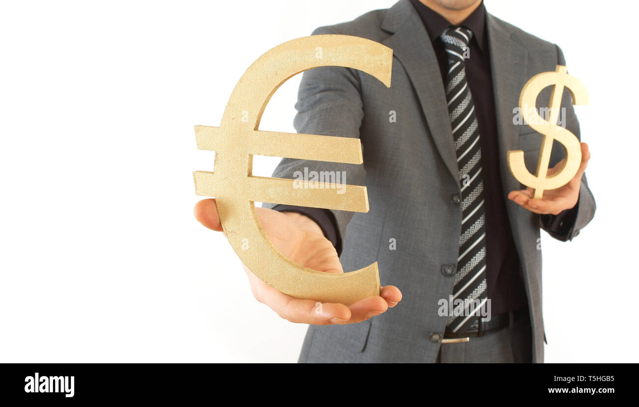 businessman with dollar and euro signs, space for messages Stock Photo