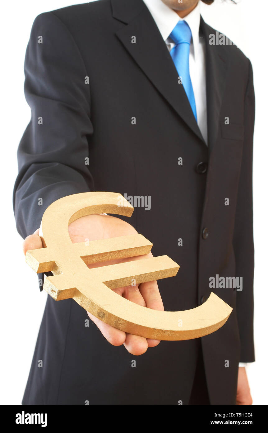 businesswoman holding an Euro currency on white Stock Photo