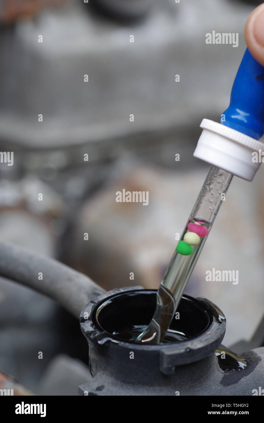 Checking antifreeze strength in car radiator Stock Photo Alamy