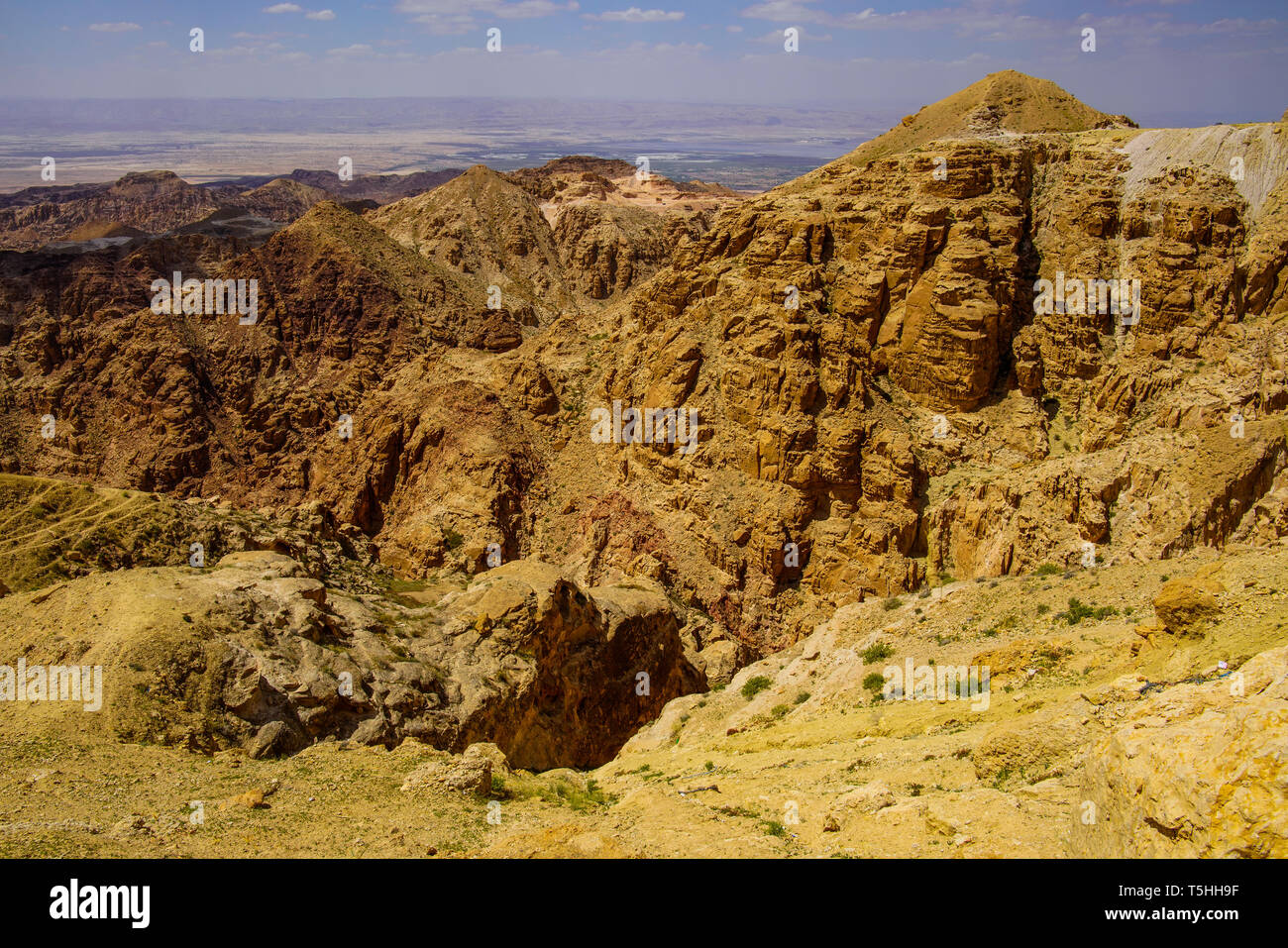 View of Abarim mountain range from Tafilah Highway, Dead Sea depression in the background. Jordan. Stock Photo