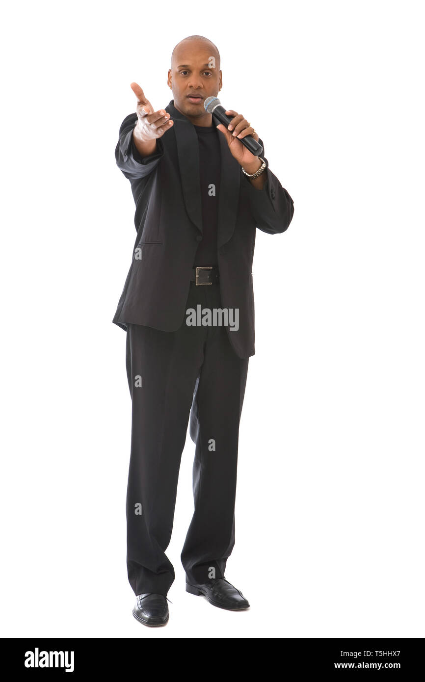 African american singer with microphone on white Stock Photo - Alamy
