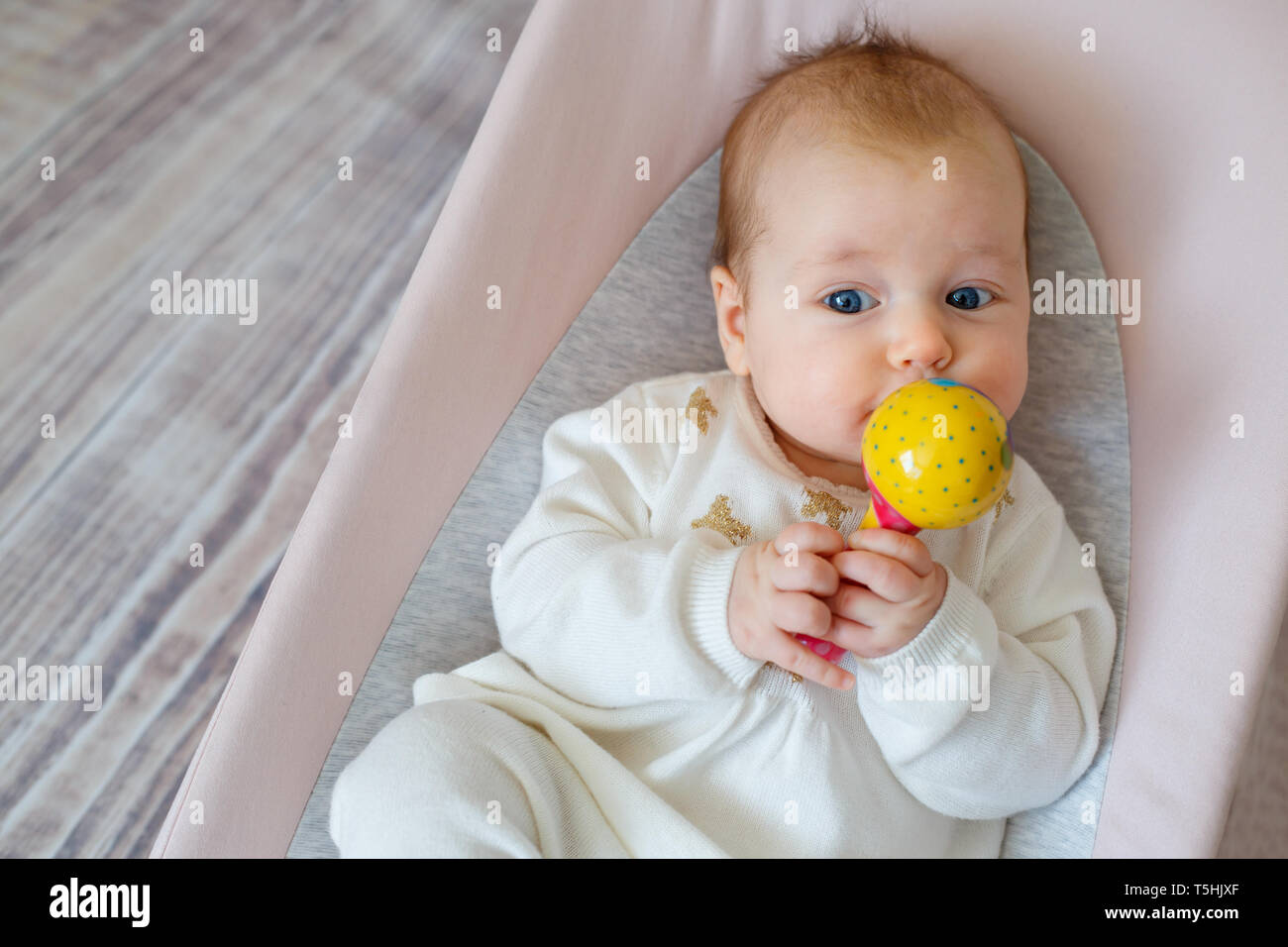 Adorable baby girl having fun in bouncer. Toddler playing with colorful rattle toy indoors. Activities for infants Stock Photo