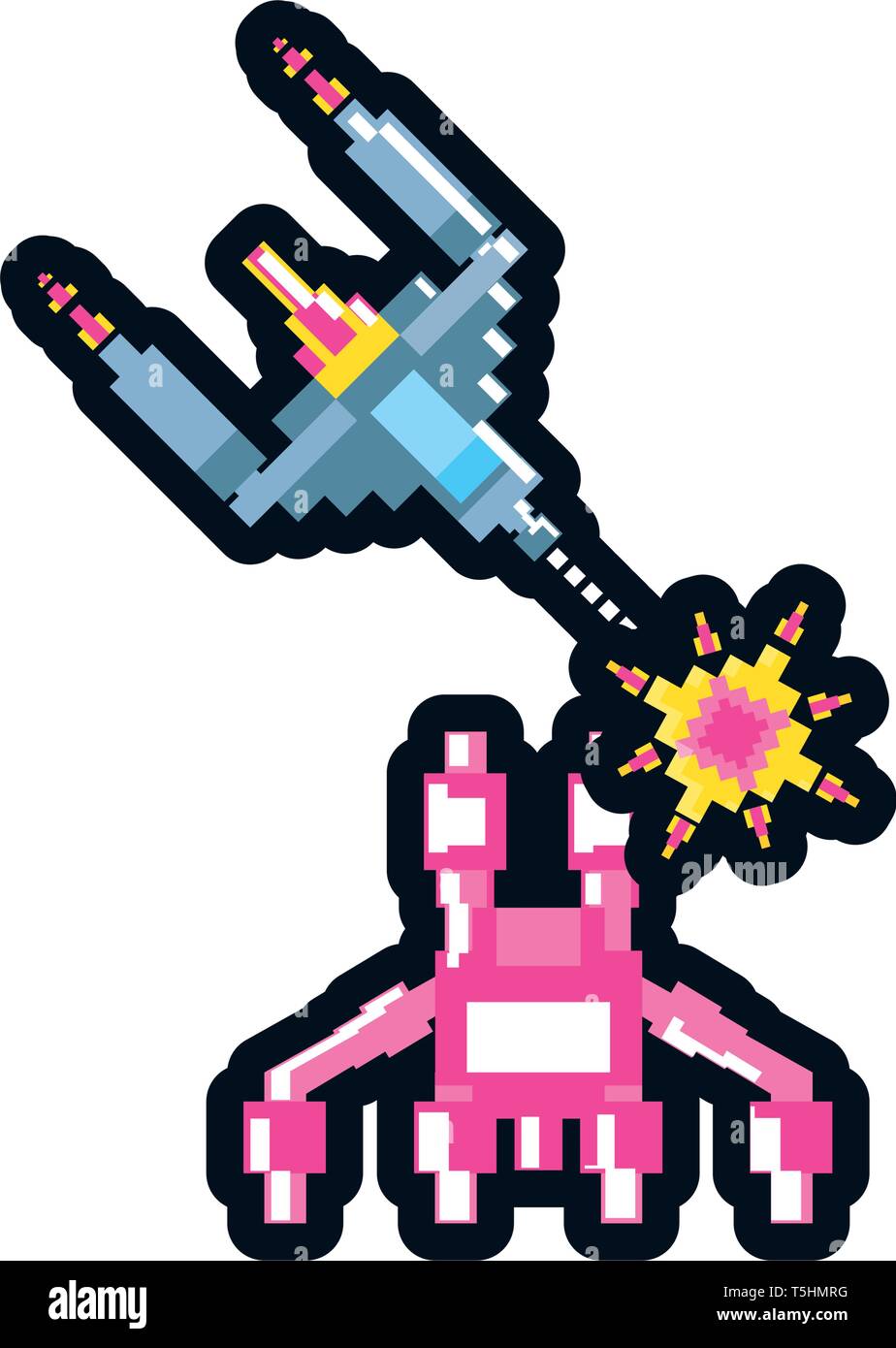 video game monster alien with spaceship pixelated vector illustration design Stock Vector
