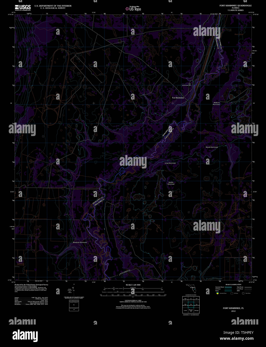 USGS TOPO Map Florida FL Fort Kissimmee 20120725 TM Inverted Restoration Stock Photo